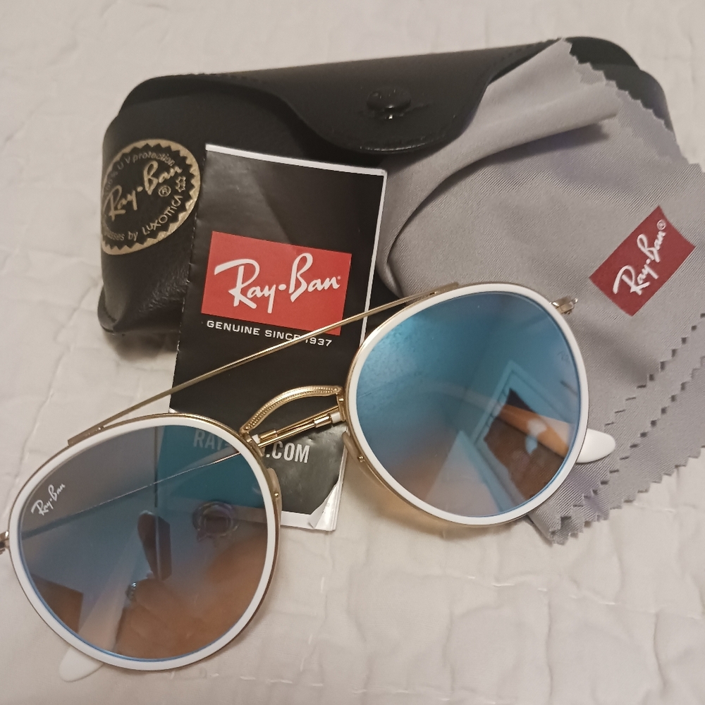 Rayban Round Double Bridge Ploished Gold With Blue Mirrored Lenses Sunglasses